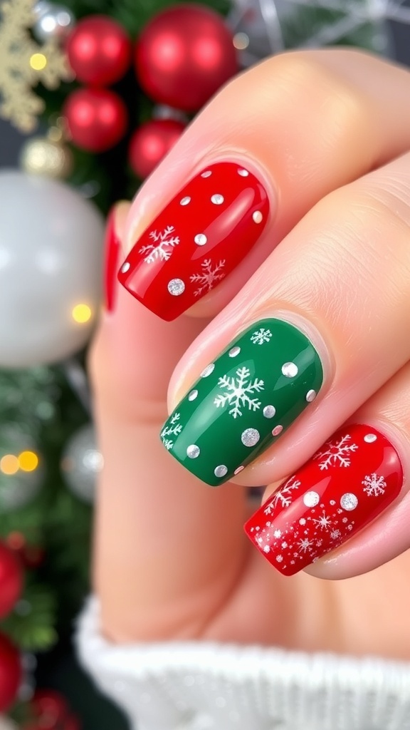 Short Christmas nails with red and green polish, decorated with snowflakes and glitter.